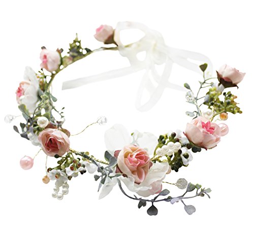 Vivivalue Floral Halo Boho Flower Headband Floral Crown Headpiece Hair Wreath with Ribbon Wedding Party Prom Photos Festival Pink - color: I