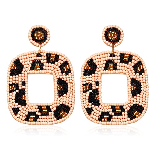 Beaded Drop Earrings Multicolored Seed Bead Earrings for Women Bohemia Statement Square Bead Hoop Dangle Earrings for Wedding Party Vacation - color: Beige