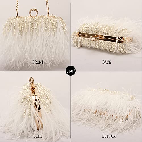 Women Real Natural Ostrich Feather Evening Bags Purses Clutch Vintage Banquet Handbag - color: White With Pearl