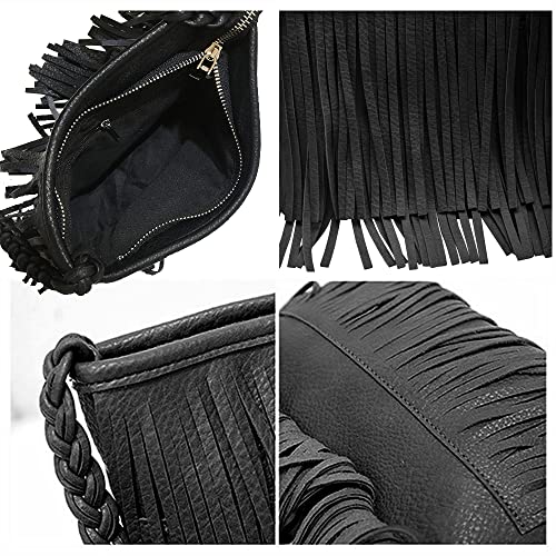 Stylish Fringe Crossbody Bag Bohemian Sling Bag Brown Lightweight Purse Hippie Small Shoulder bagTassel Leather - color: Black