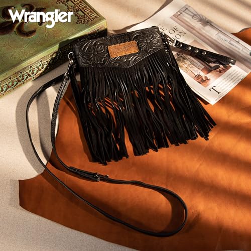 Wrangler Crossbody Small Purse for Women Wristlet Fringe Bag Western Purse - color: Angel Black