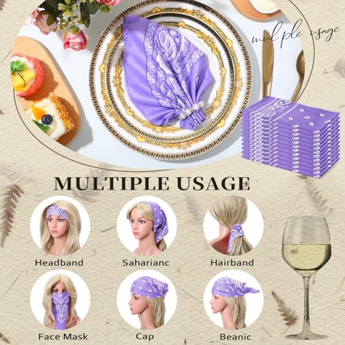 Suhine 12 Pcs Bandanas Bulk for Women Men 22 x 22 Inch Paisley Headband Cowboy Handkerchief Summer Beach Party Costume - color: Light Purple