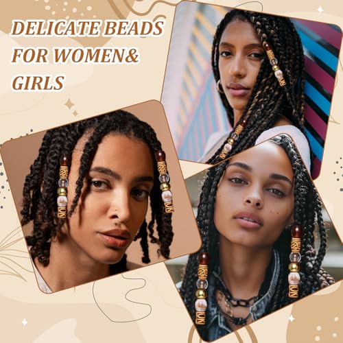 60 Pcs Wood Hair Beads for Braids, Exquisite Brown Beads for Hair, Beautiful Round Hairs Jewelry Accessories for Women Girl Men Cuffs DIY Bracelets Necklace Braids