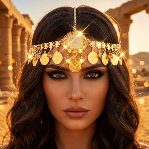 Catery Gold Coin Head Chain Gypsy Headpiece for Women Cotusme (Large Coin) | Egyptian Head Piece Belly Dance Hair Chain Indian Hair Jewelry for Cleopatra Costume Halloween Party Sparkly Dangling - color: Large Coin