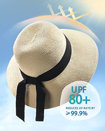 FURTALK Womens Beach Sun Straw Hat UV Protection Travel Packable Foldable Brim Summer UV Hat - color: Pure Beige, size: Large-X-Large