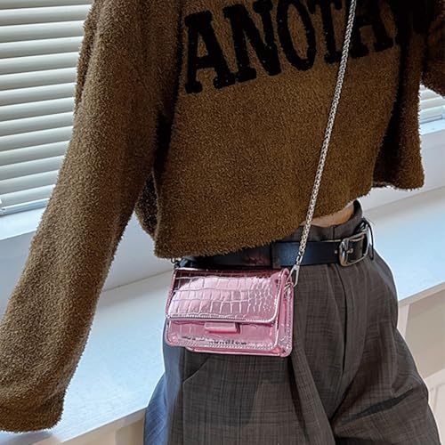 Small Crossbody Purse Bag for Women，Y2K Cute Metallic Croc-Embossed Handbag with Chain Strap - color: Mini Pink
