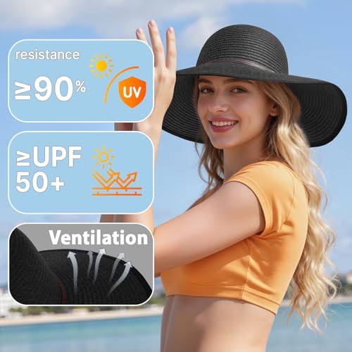 Sun Hats for Women, Straw Hats UPF 50+ Sun Protection, Wide Brim Womens Beach Hat for Summer Travel - color: Black