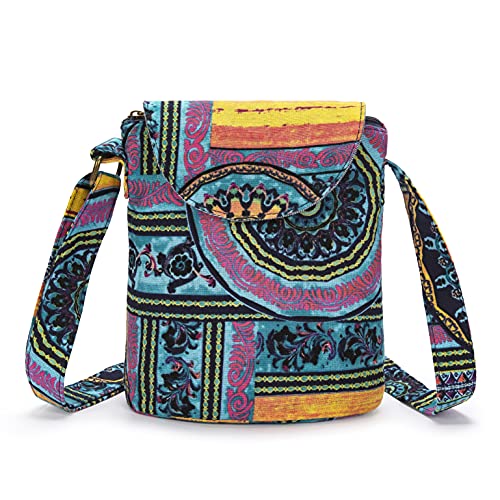 OPQRSTU Women's Retro Small Size Canvas Shoulder Bag Hippie Boho Crossbody Handbag - color: Green-purple