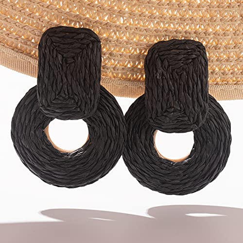 Statement Raffia Earrings Cute Boho Earrings Rattan Dangle Earrings Handmade Straw Wrap Earrings Summer Drop Dangling Earrings for Women Teen Girls - color: Black2