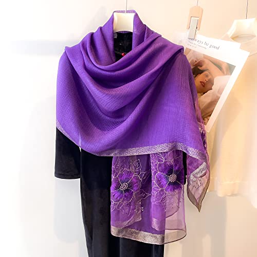 WINCESS YU Women Mulberry Silk Scarf Long & Large Embroidered Floral Pattern Shawl and Wraps Neckerchief for Hair & Neck - color: Purple