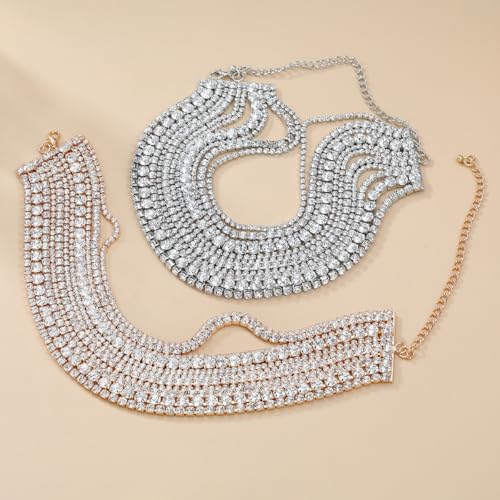 Rhinestone Bling Multi-layered Faux Diamond Choker Necklace for Women Unisex,Sparkly Iced Out Tennis Shiny Collar Neclace Prom Party Formal Dressy Necklace Statement Crystal Jewelry - color: silver