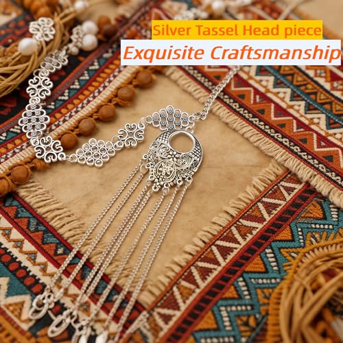 Silver Tassel Forehead Head Chain for Women - Bohemian Ornate Fringe Headpiece, Adjustable Ethnic Hair Jewelry for Festivals, Belly Dance, Bridal & Boho Styling