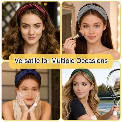 Twist Knotted Boho Headbands for Women – Stretchy Non-Slip Criss Cross Turban Hair Bands, Striped & Solid Color Vintage Yoga Workout Headwraps, 8-Piece Set ﻿