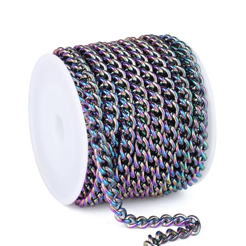 16.5FT Colorful Stainless Steel Curb Chains Roll, 6mm 304 Stainless Steel Multi Color Flat Twisted Links Curb Chains Bulk Spool for Jewelry Making DIY Craft - color: Colorful, size: 6.0mm width