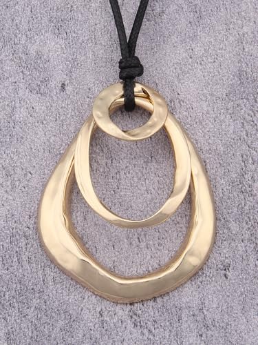 Kelake Leather Necklace for Women Men Teen Vinatge Boho Alloy Pendant Choker Jewelry Fashion Sweater Necklaces with Adjustable Genuine Leather Chain - color: Gold Pear-shaped 3 Circles Pendant