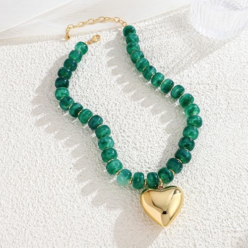 WOWORAMA Chunky Heart Necklaces for Women Colorful Resin Beaded Choker Necklace Gold Puffy Heart Statement Necklace Trendy Acrylic Choker Jewelry - color: Dark-Green