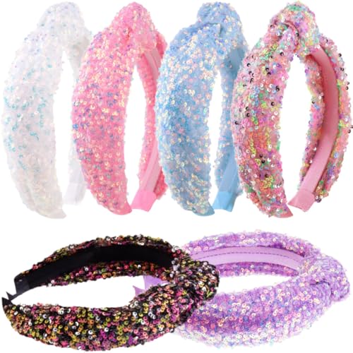 Headbands for Girls Women, 6Pcs Knotted Glitter Sequins Headbands Women Girls Sparkly Top Knot Headband Pink Blue Purple Black Hairbands Hair Accessories for Back to School or Daily Outfits