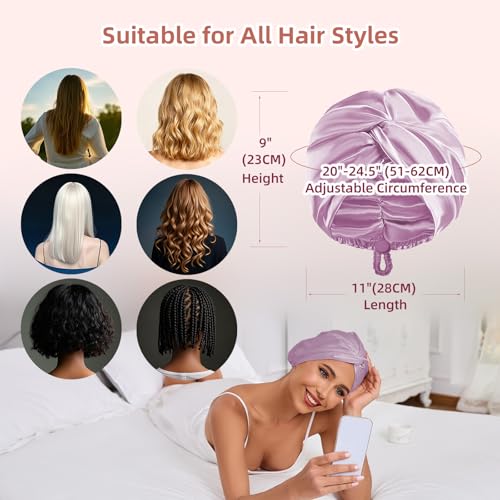 Adjustable Silk Satin Hair Bonnet for Sleeping Women, Double Layer, Silk Hair Wrap for Sleeping Women Men, Curly Natural Braid Straight Unisex - Lavender - color: Lavender