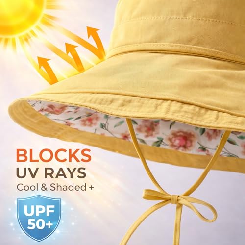 Wide Brim Sun Hat for Women Reversible Beach Hats Metal Wired Edge Gardening Hats, UPF 50+ Bucket Summer Hat - color: Yellow