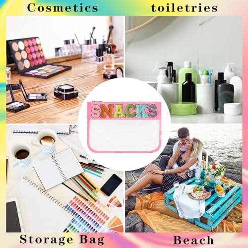 DYSHAYEN Chenille Letter Clear Zipper Pouch for Travel,Nylon Clear Cosmetic Bag,Makeup Travel Bag for Women Girls 11.8 Inches x 8.2 Inches - color: Pink-Snacks