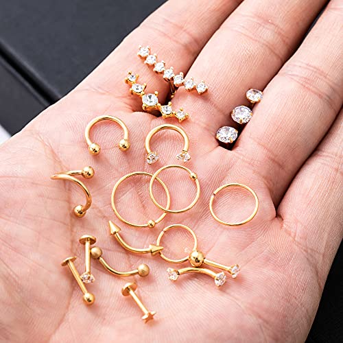 REVOLIA 32Pcs Stainless Steel Cartilage Stud Earrings for Women Conch Helix Tragus Daith Conch Hoop Earing Piercing Jewelry Set - color: Gold-tone