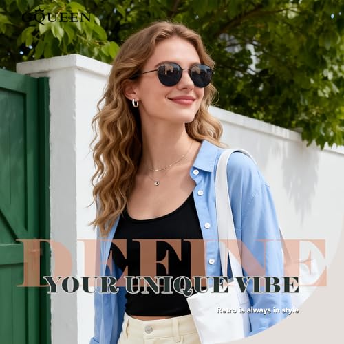 GQUEEN Retro Round Polarized Sunglasses Womens Men Spring Hinge Metal Frame Trendy Hippie Oval Sun Glasses Shades UV400 - color: 1 Black Frame/Black Lens