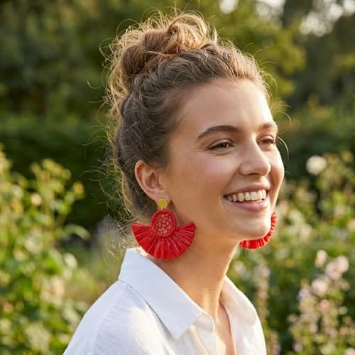 Boho Raffia Summer Beach Earrings for Women, Large Statement Dangle Drop, Lightweight Handmade Woven Fan Tassel Jewelry - color: Red