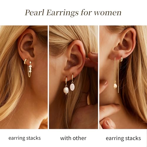 Pearl Earrings for Women, Gold Plated Huggie Hoop Drop Earrings | Hypoallergenic pearl hoop earrings designed for multiple piercings, cartilage styling and everyday wear - style: 4 pearl chain earring set