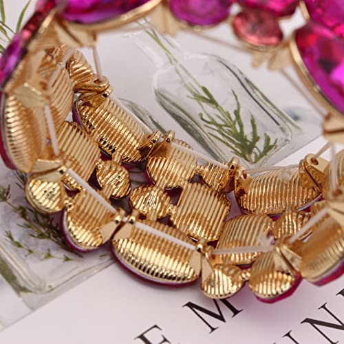 Women’s Wedding Bridal Crystal Leaf Flower Stretch Bangle Elastic Wide Bracelet Jewelry for Brides Bridesmaid - color: Rose Red-Gold Plated