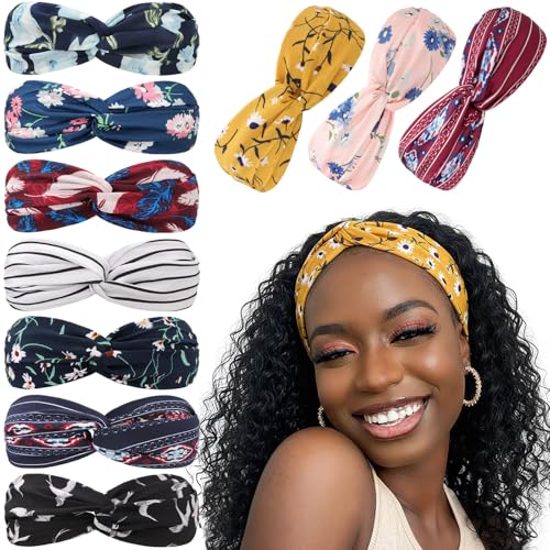 DRESHOW 10 Pack Boho Headbands for Women Vintage Cross Elastic Head Wrap Hair Accessories - color: 10 Pack C: Flower Printed Series X