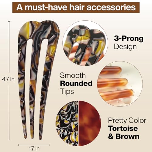 HYFEEL Large French Hair Pins for Women, 3-Prong French Pins for Thick Hair, U Shaped Hair Forks, French Twist Hair Pin Clips, Updo Hair Sticks for Buns, 2 Pcs (Tortoise, Brown)