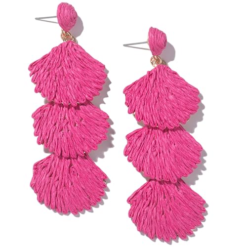 Boho Raffia Earrings Starfish Shell Seashell Dangle Drop Earrings Cute Statemnet Trendy Jewelry Summer Beach Outfits for Women - color: Hot Pink, size: Shell