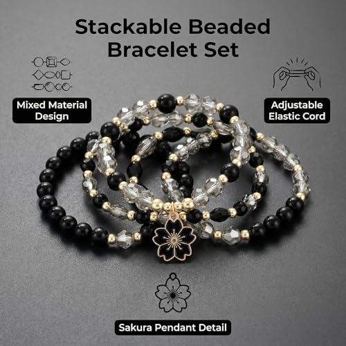 LOTSOF Boho Flower Beaded Bracelet Set for Women - Multilayer Crystal & Flower Charm Stackable Bracelets, Fashion Jewelry Gift for Her - color: Black