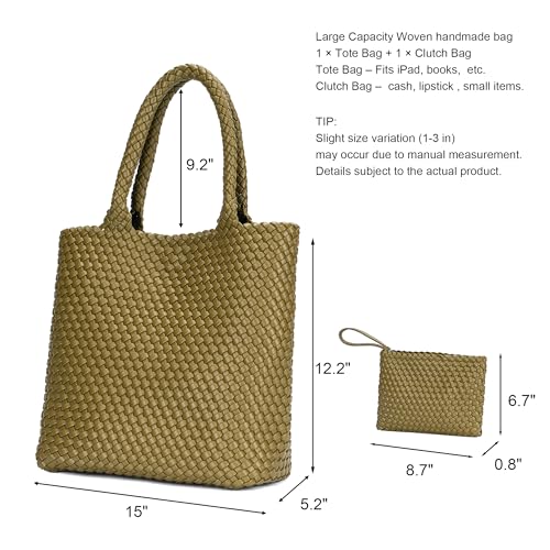 BAGOK Woven Tote Bag for Women, Handwoven Vegan Leather Shoulder Bag with Clutch, Large Tote for Work, Travel & Beach - color: Olive Green
