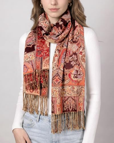 Achillea Elegant Paisley Floral Pashmina Shawl and Wrap – Boho Rave Scarf for Festival, Travel & Everyday Wear - color: Burgundy Burnt Orange