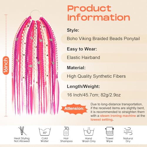 SEIKEA Boho Braided Ponytail Extension on Hair Tie, 16" Full Volume Lightweight Viking Dreadlock Ponytail Braid in Dreadlock Extensions with Beads and Shells, Festival Hair Accessories for Women Girls - color: Neon Pink Festival Blend
