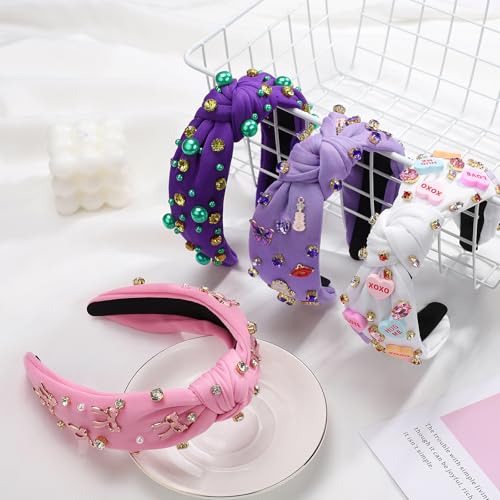 WantGor Pearl Knotted Headband, Women Rhinestone Embellished Hairband Elegant Wide Top Knot Bride Headbands Headpieces Party Fashion Elegant Ladies Hair Band Hair Hoop Accessories (Dark Purple) - color: Dark Purple