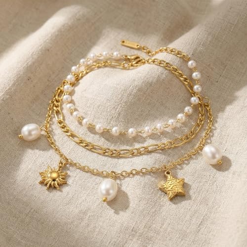 Boho Beads Beach Layered Anklet Set for Women, Handmade Gold Starfish Pearl Shell Anklets Summer Ocean Accessories Jewelry Gift - color: Sun