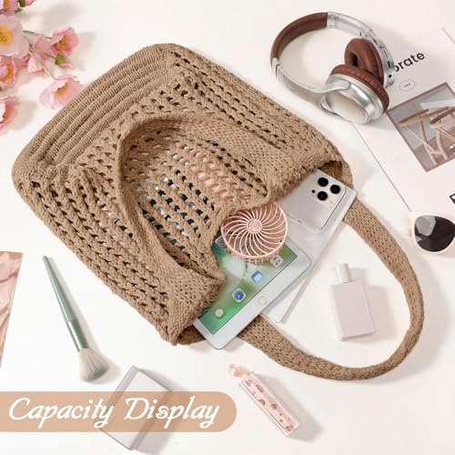 Tavaleu Crochet Tote Beach Bags for Women, Mesh Beach Tote Knit Bag, Summer Vacation Aesthetic Boho Hobo Shoulder Bag - color: Dark Khaki - Grid