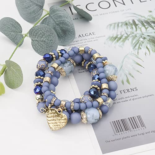 Women Beaded Bracelet Set | Colorful Boho Stackable Trendy Design with Crystal Accents Multilayer Bangle Bracelet | Fashion Stretch Braclets Jewelry for Women - color: Blue