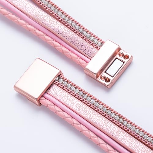 FANCY SHINY Boho Leather Wrap Bracelet Stackable Infinity Chunky Cuff Bracelets Western Hippie Outfits Jewelry Valentine Gifts for Women - color: Pink