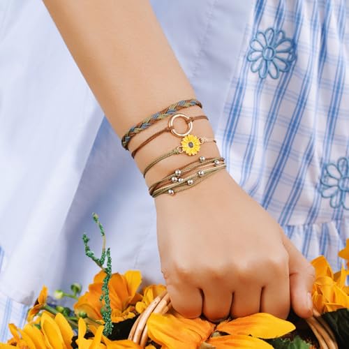 Sunflower Friendship Bracelets Boho Stackable String Bracelets Cute Trendy Gifts for Teen Girls Women - color: Tan