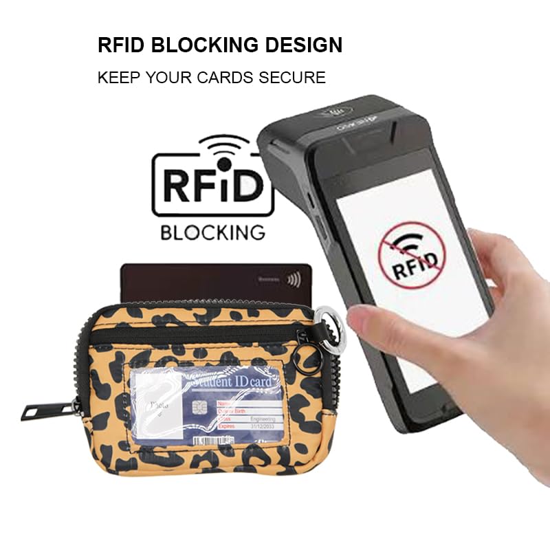 Wristlet Wallet for Women Mini Zip Card Case with Clear ID Window Zipper Coin Purse Lightweight Portable Keychain Wallet - color: Leopard Print