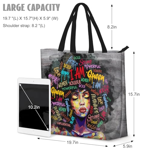 African American Women Tote Bag Black Shoulder Handbag For Women Fit Work Beach Labtops With Zip - color: Black Women 5