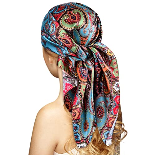 Stlvoll 100% Silk Head Scarf for Women - 27" Hair Scarves Satin Bandanas Square for Night Sleeping with Gift Packed - color: Red/Blue/Cashew Nuts