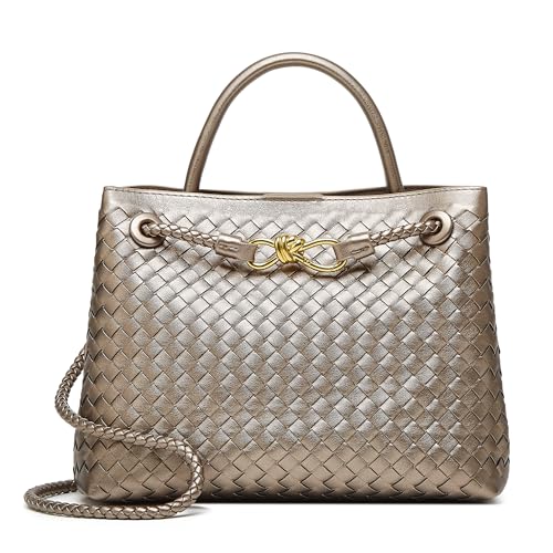 Woven Tote Bag Womens Purse: Vegan Leather Shoulder Handbags - Fashion Summer Beach Tote Bags - Large Travel Totes - color: A7 Medium Light Copper and Silver