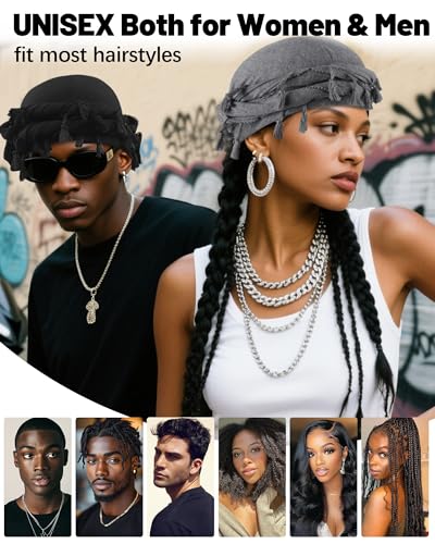 Ababalaya Adjustable Satin Lined Halo Turban Durag for Men &Women Twisted Tassel Head Wraps - color: Grey