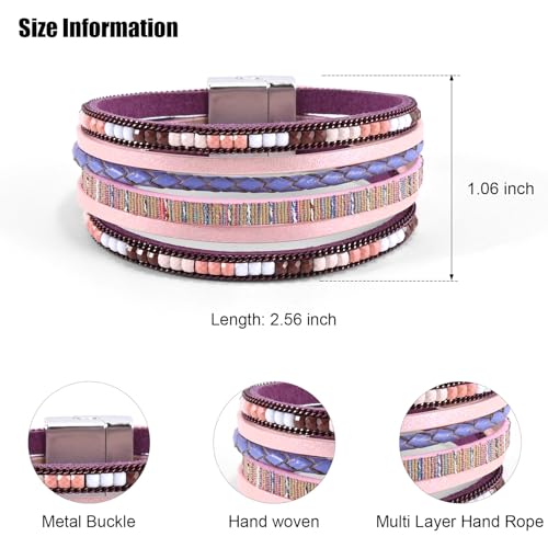 VIBILIA Boho Leather Wrap Bracelets for Women Multi-Layer Bracelets with Strong Clasp Jewelry for Women - color: 03-BohoBraid-Purple