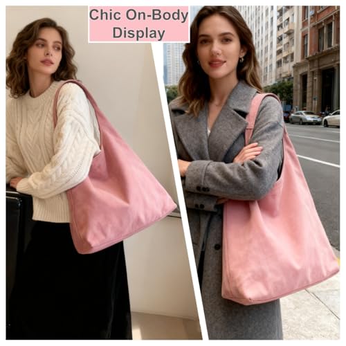 Large Work Tote Bags for Women, Boho Slouchy Suede Purses Handbags - color: Pink