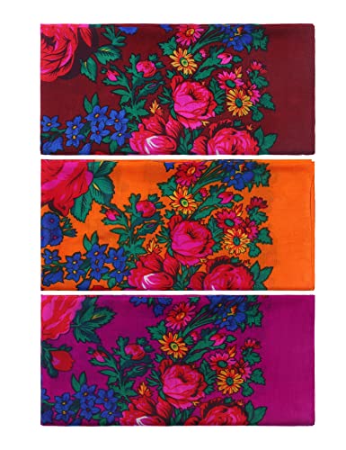 MJ SERECA Acrylic Bandana Printed Hair Scarf Square Ukrainian Head Scarf Floral Babushka Neck Scarf for Women 30"/42"/60" - color: 3 Pack-f 30"